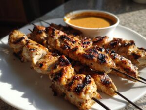Close-up of perfectly grilled chicken satay skewers served on a white plate with a side of peanut dipping sauce.