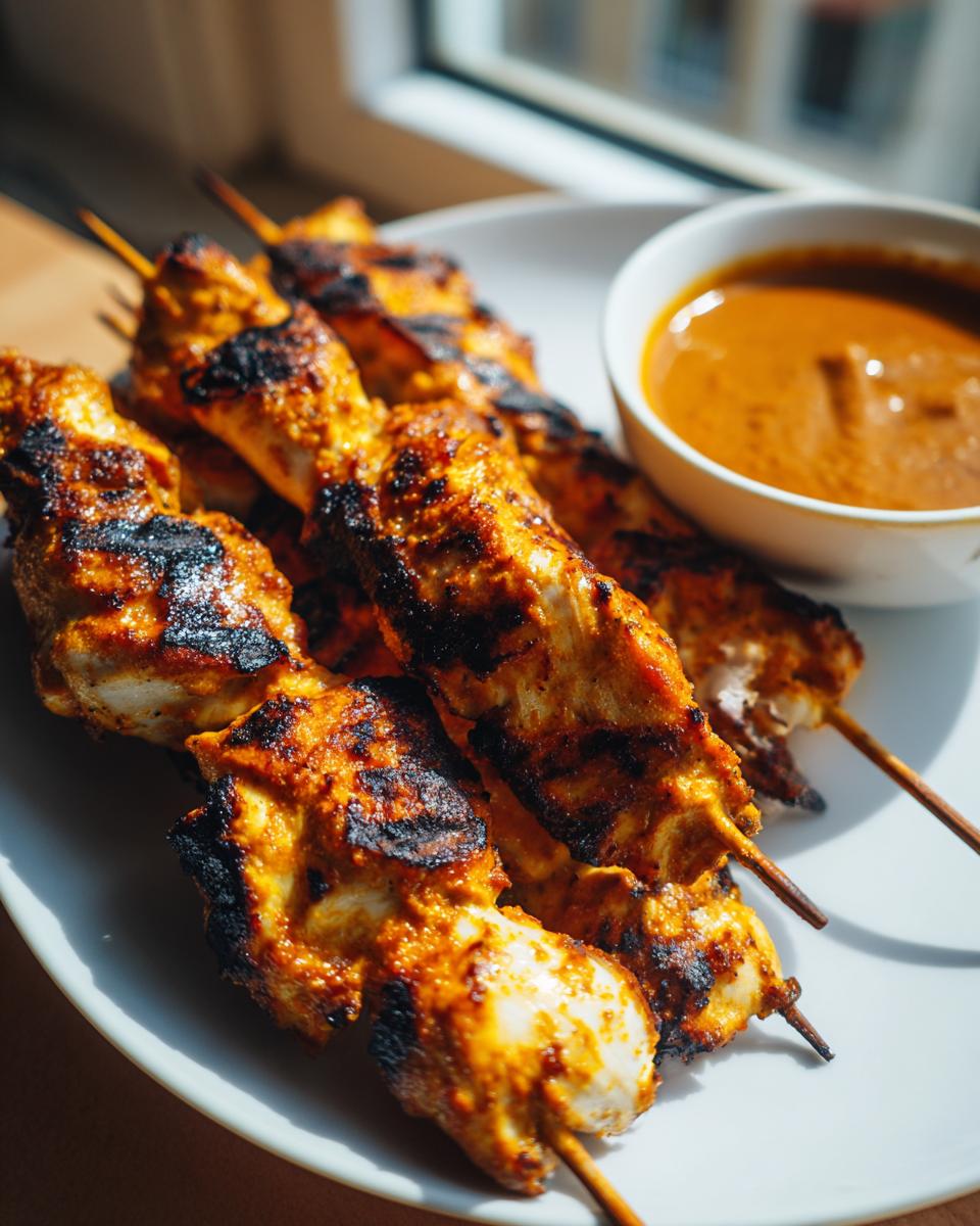 Close-up of perfectly grilled chicken satay skewers served with a side of rich peanut dipping sauce.