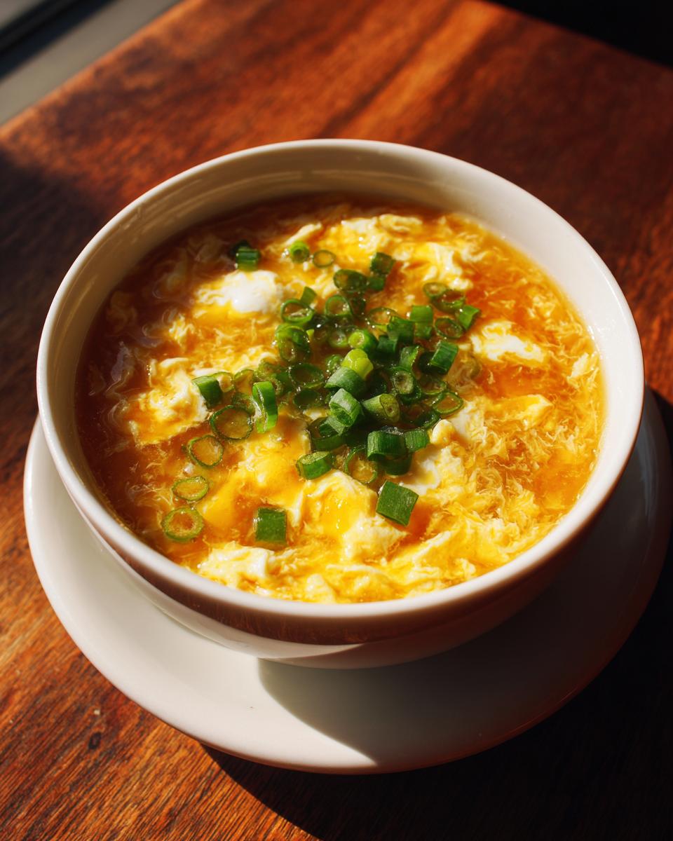 A close-up of a white bowl filled with hot egg drop soup, garnished generously with fresh green scallions.