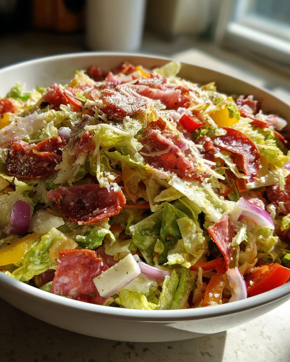 Close-up of a vibrant bowl filled with a hearty grinder salad featuring chopped lettuce, salami, cheese cubes, red onion, and grated Parmesan.