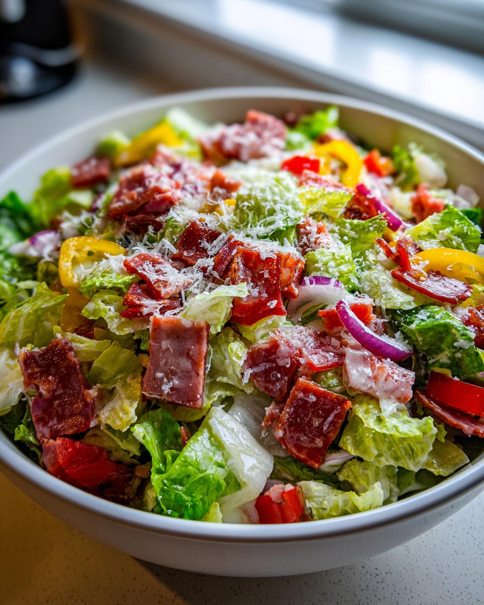 A close-up of a vibrant grinder salad in a white bowl, featuring chopped lettuce, salami, peppers, red onion, and grated cheese.