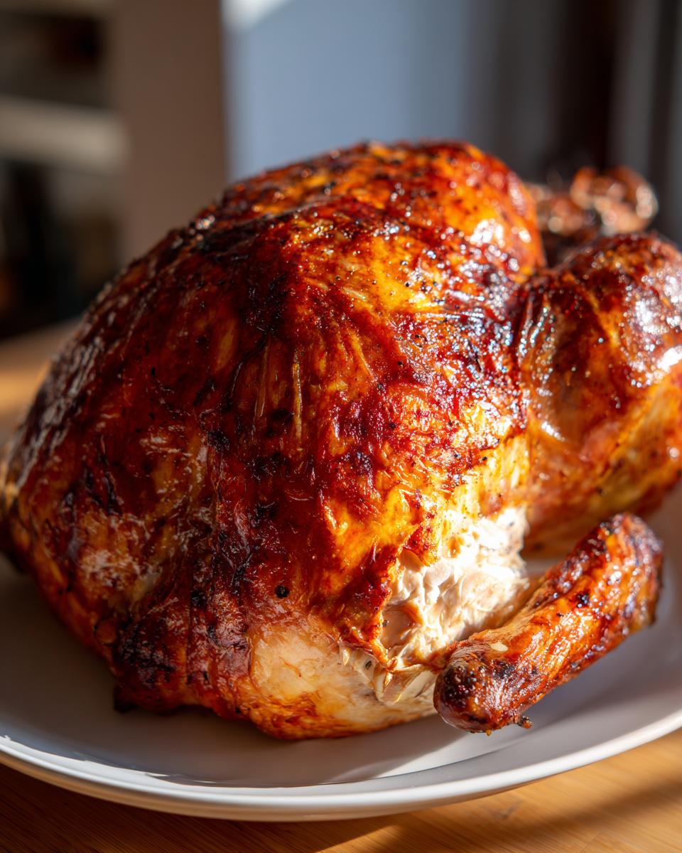 A whole roasted turkey with deeply browned, crispy skin resting on a white platter, showcasing juicy meat.