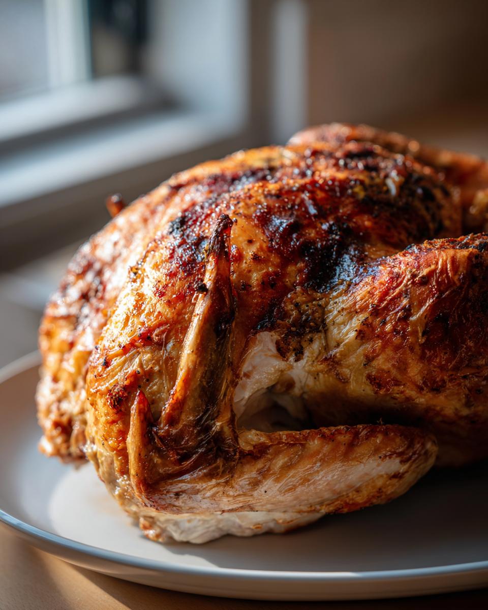 Close-up of a beautifully roasted turkey with dark, crispy skin resting on a white platter.