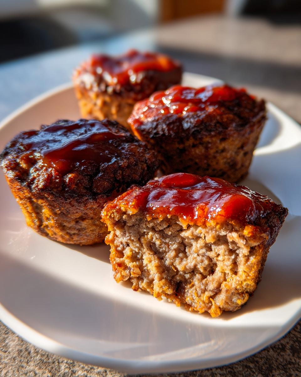 Four mini meatloaf portions on a white plate, one cut open to show the texture, topped with a shiny red glaze.