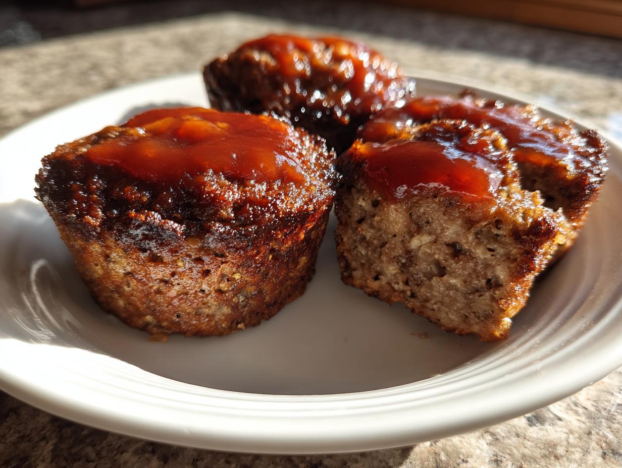Three perfectly baked mini meatloaf portions topped with a shiny glaze, resting on a white plate.