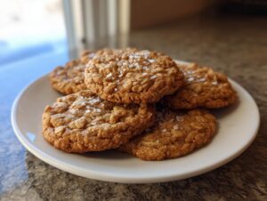 A stack of five golden brown oatmeal cookies sprinkled with flaky sea salt on a white plate.