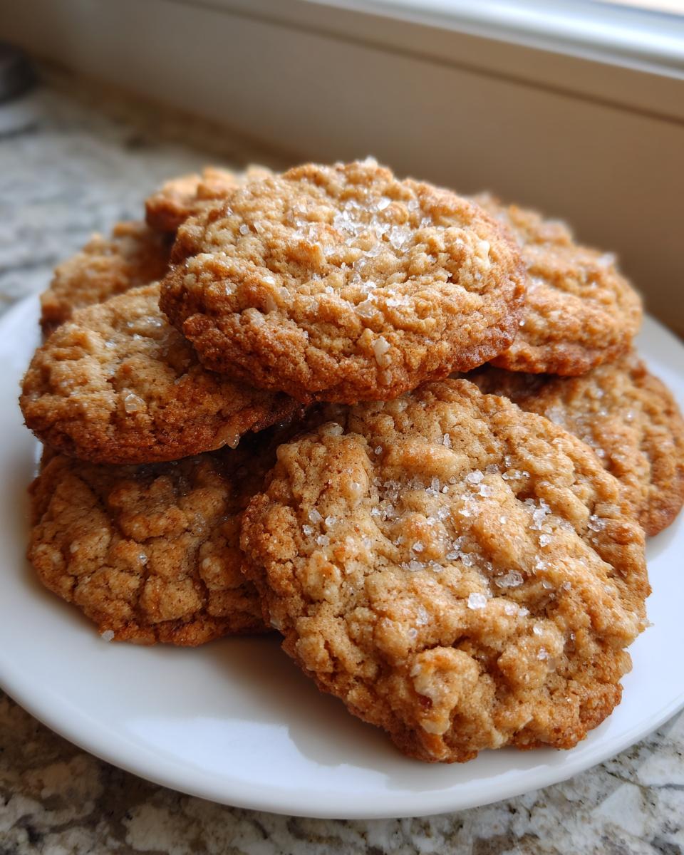 A close-up stack of freshly baked oatmeal cookies sprinkled with coarse sea salt on a white plate.