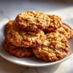 A tempting stack of freshly baked, golden brown oatmeal cookies piled high on a white plate.