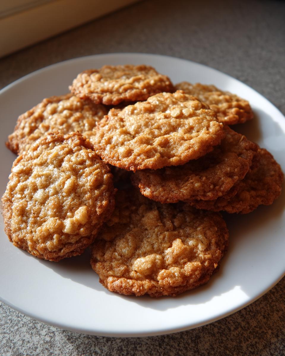 A stack of golden brown, chewy oatmeal cookies piled high on a white plate, ready to eat.
