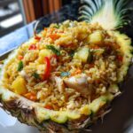 Close-up of flavorful pineapple fried rice served inside a hollowed-out pineapple half.