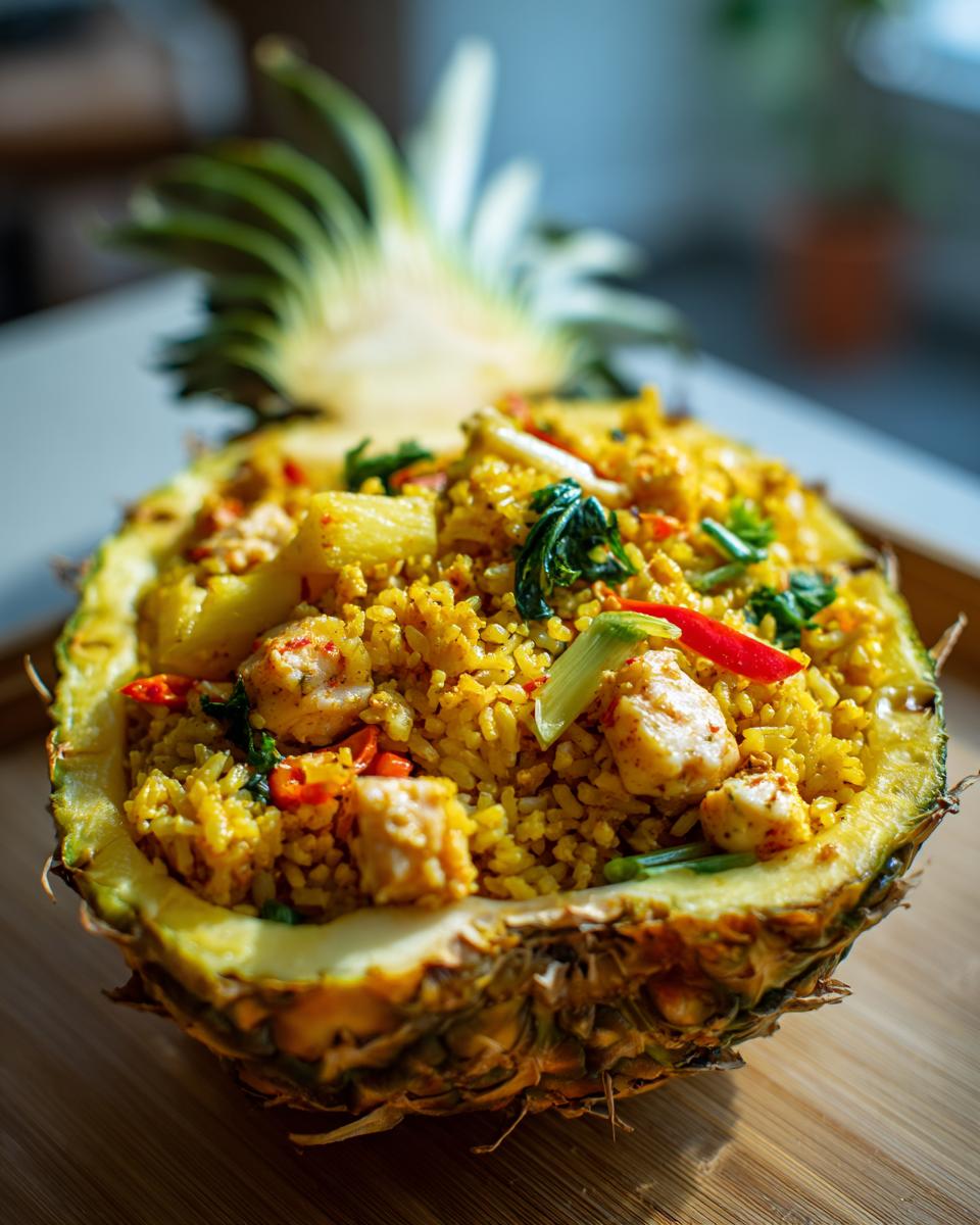 Vibrant yellow pineapple fried rice served inside a hollowed-out pineapple half.