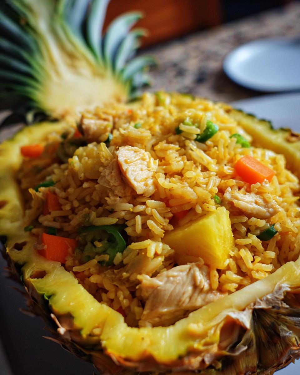 Close-up of vibrant pineapple fried rice filled inside a hollowed-out pineapple boat.