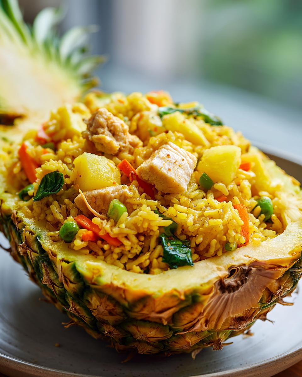 Close-up of vibrant yellow pineapple fried rice filled inside a hollowed-out pineapple half.