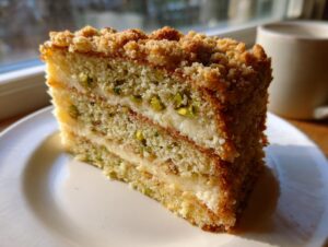A thick slice of amazing pistachio coffee cake showing layers of cake, cream filling, and chopped pistachios, topped with streusel.