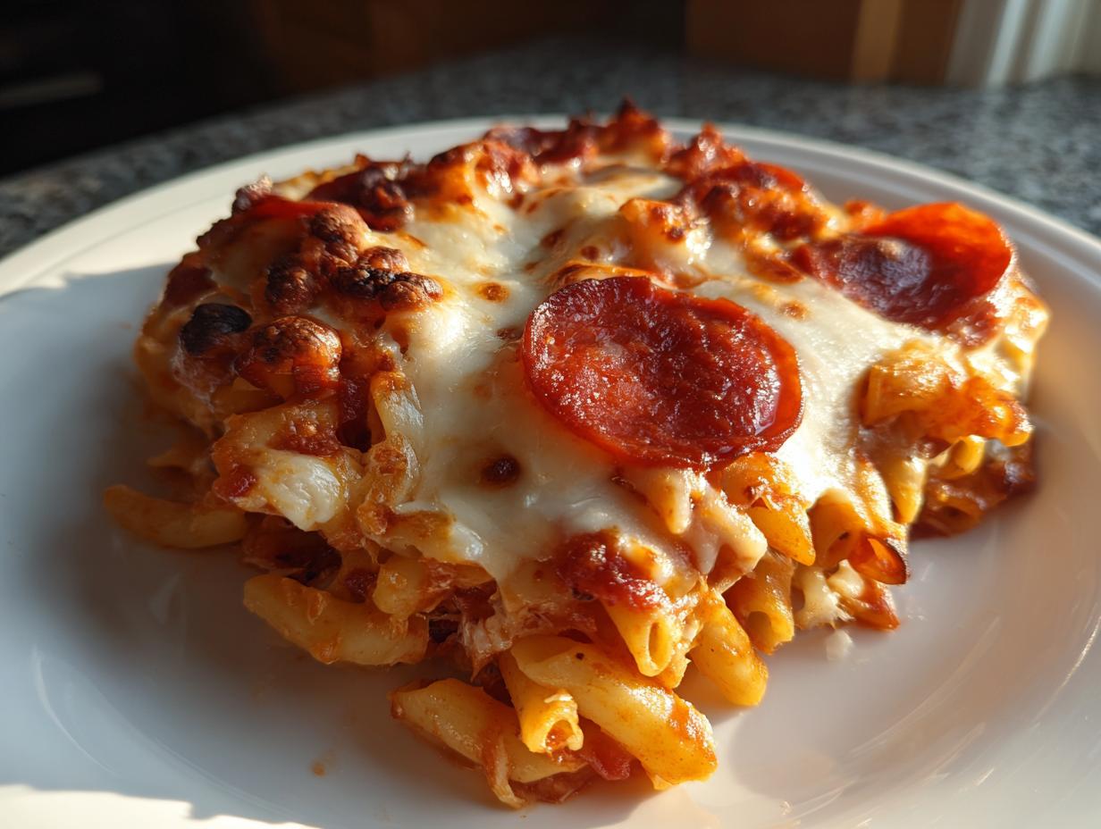 A close-up serving of baked pizza pasta topped with melted, bubbly cheese and pepperoni slices.