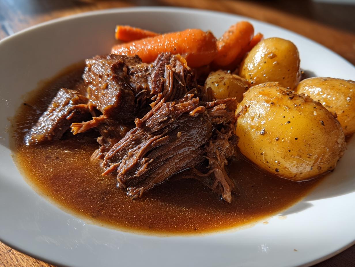 A close-up of shredded, tender pot roast served in rich gravy alongside seasoned baby potatoes and cooked carrots.
