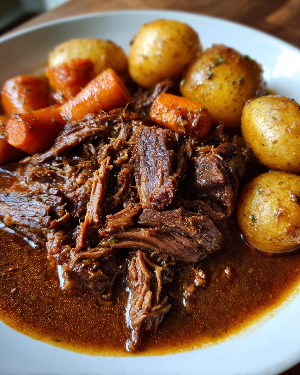 Close-up of tender, shredded pot roast served in rich gravy with whole carrots and small roasted potatoes.