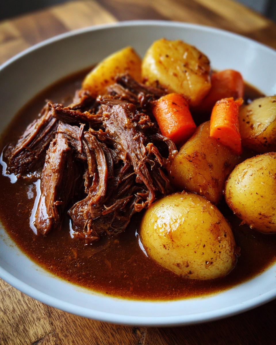 Close-up of shredded pot roast served in rich gravy with whole small potatoes and chunks of carrots.