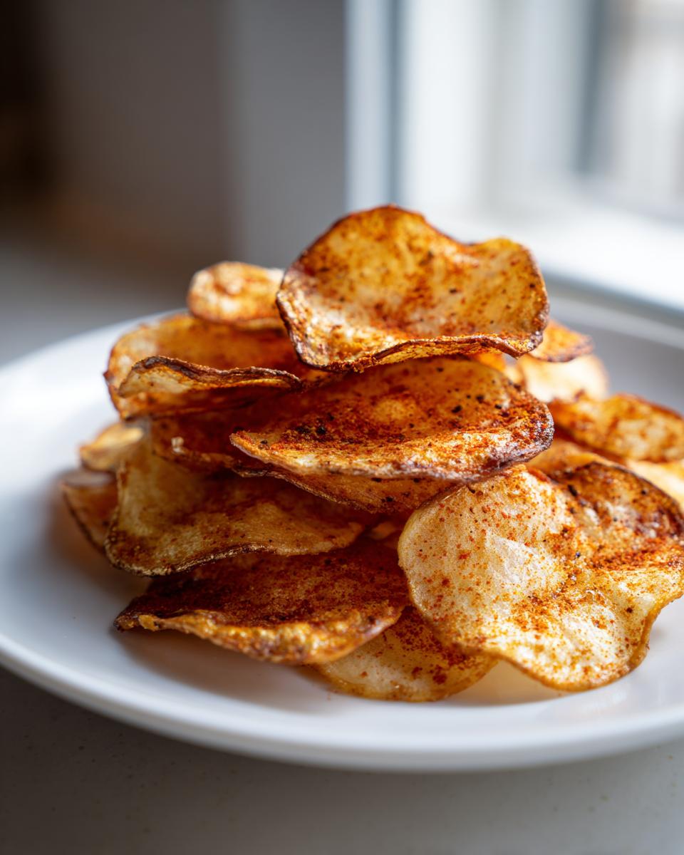A stack of golden, homemade potato chips seasoned with paprika, showcasing amazing crunch.