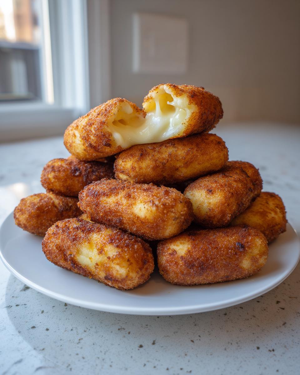 A stack of crispy, golden brown potato croquettes piled high on a white plate, with one broken open showing a gooey, cheesy center.
