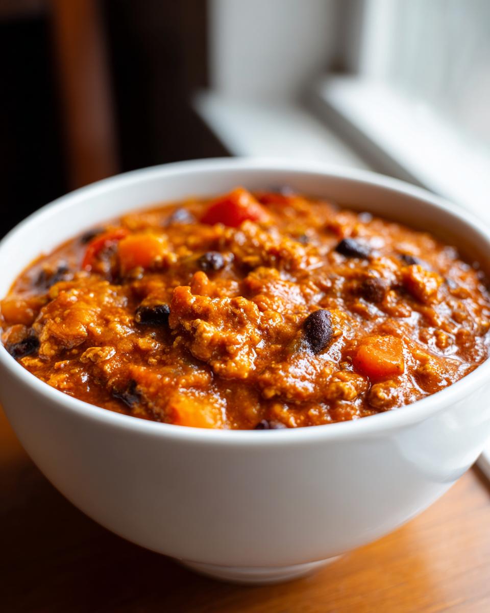 Close-up of a thick, rich bowl of pumpkin chili featuring beans and chunks of orange squash.