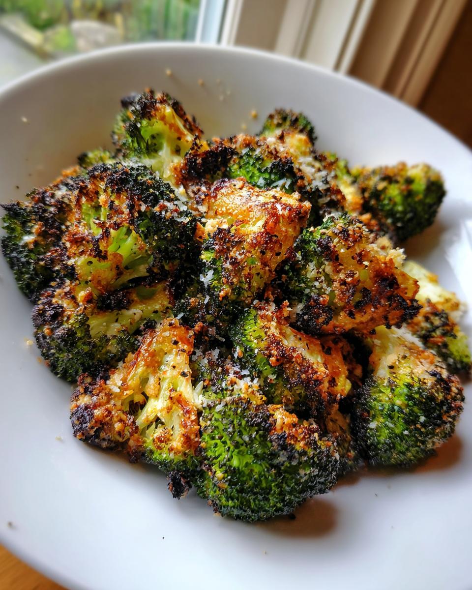 Close-up of perfectly roasted broccoli florets, slightly charred and topped with grated cheese.