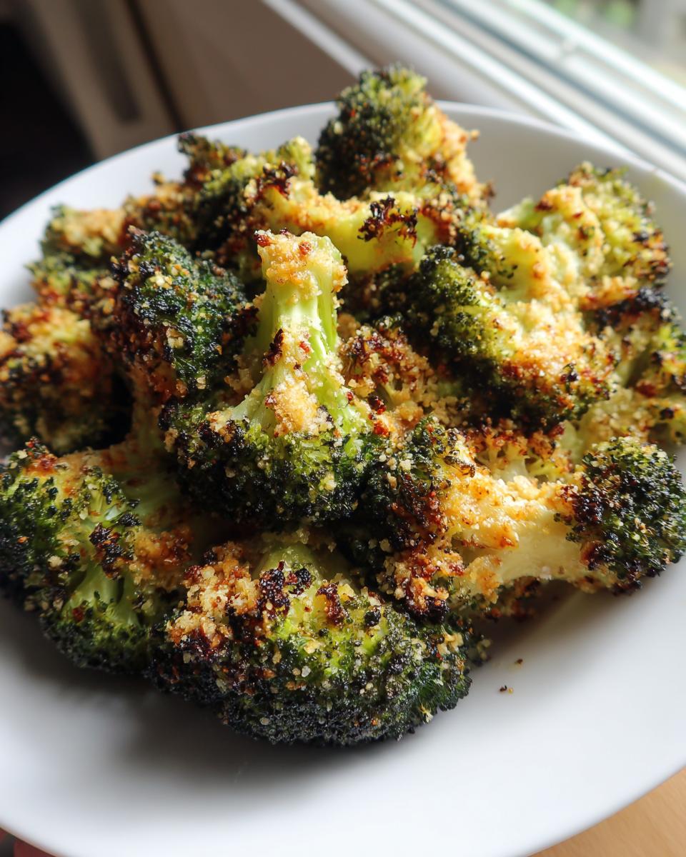 Close-up of crispy, charred, and seasoned roasted broccoli served in a white bowl.