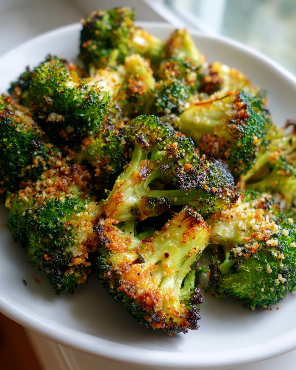 Close-up of perfectly crispy roasted broccoli florets topped with golden brown breadcrumbs and cheese.