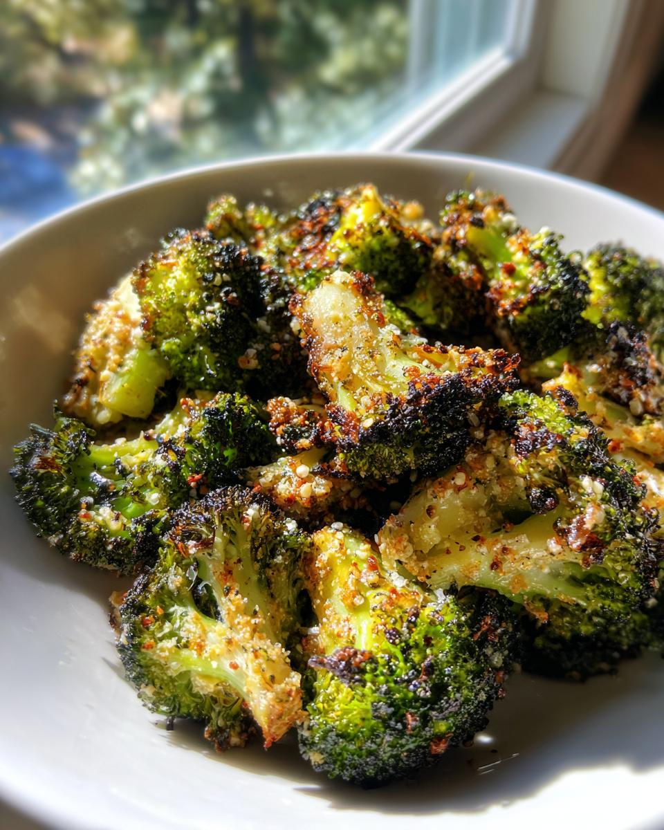 Close-up of perfectly seasoned and charred roasted broccoli florets served in a white bowl.
