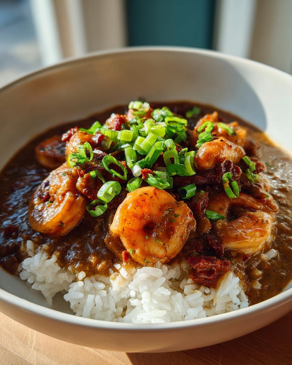A close-up of rich shrimp etouffee served over white rice, garnished with chopped green onions.