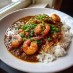 A close-up of a bowl of rich, dark shrimp etouffee served over fluffy white rice and garnished with chopped green onions.