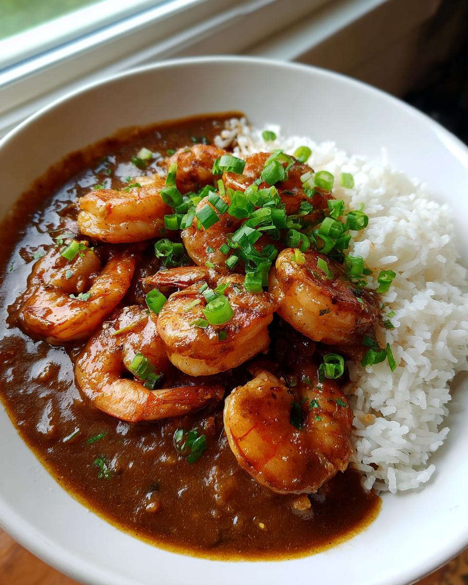 A close-up of a white bowl filled with rich brown shrimp etouffee served alongside fluffy white rice and topped with chopped green onions.