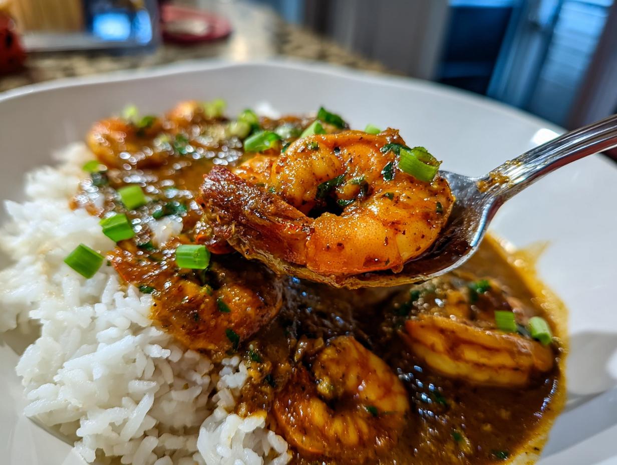 A spoonful of rich shrimp etouffee, featuring plump seasoned shrimp, lifted over a bowl of white rice.