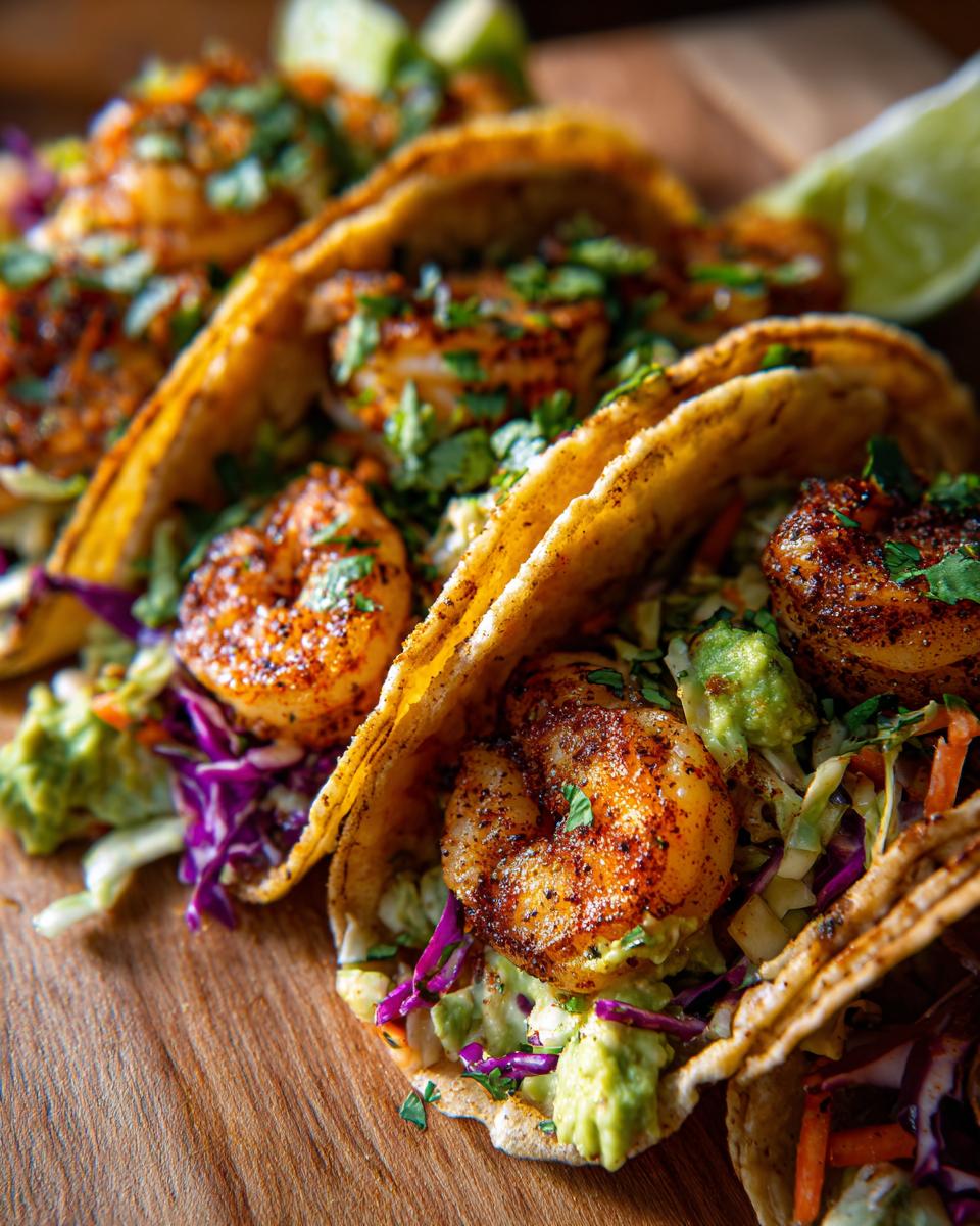 Close-up of several delicious shrimp taco shells filled with seasoned shrimp, avocado, and purple cabbage slaw.