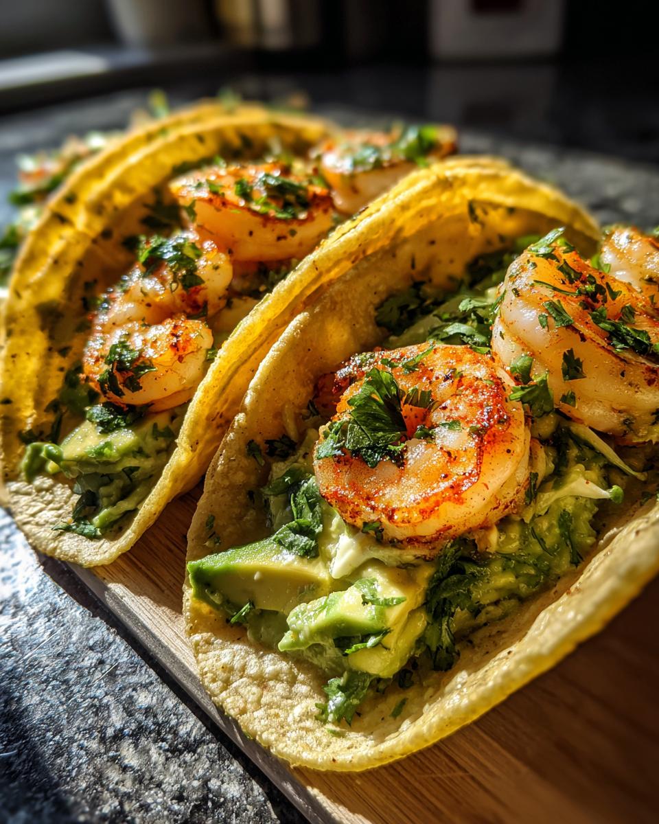 Two delicious shrimp taco shells filled with seasoned shrimp, avocado slices, and cilantro.