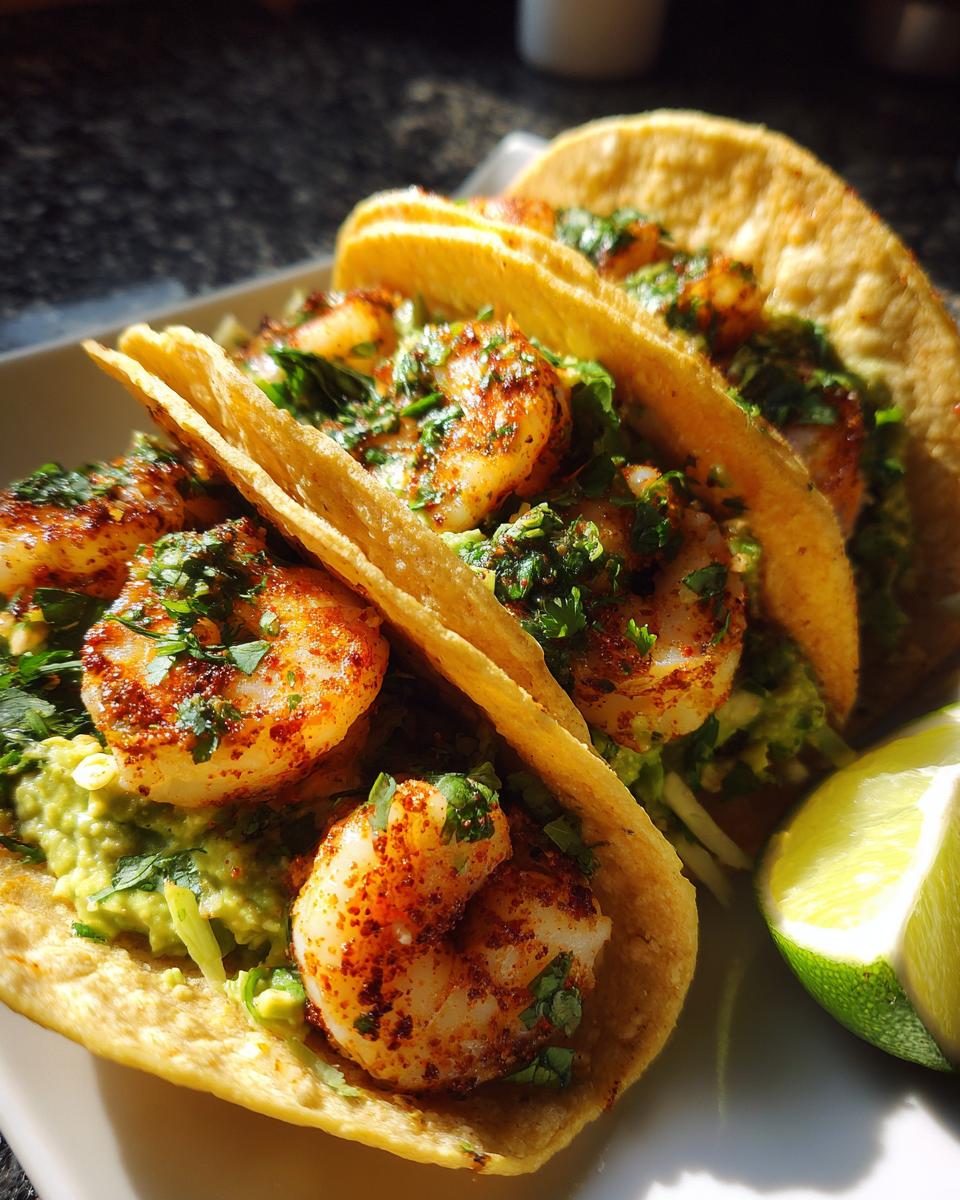 Three delicious shrimp taco shells filled with seasoned shrimp, guacamole, and cilantro, served with a lime wedge.