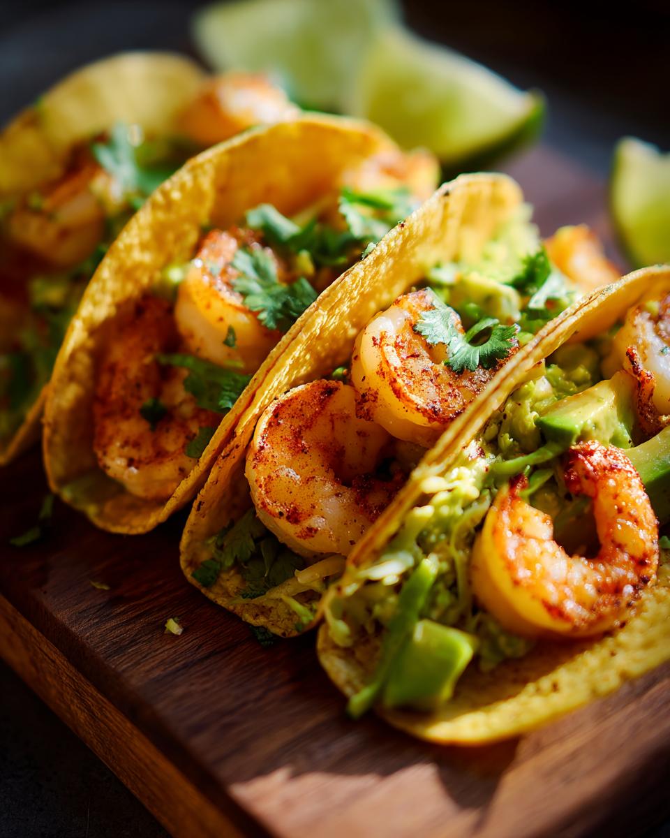 Close-up of several crispy shrimp taco shells filled with seasoned shrimp, avocado, and cilantro.
