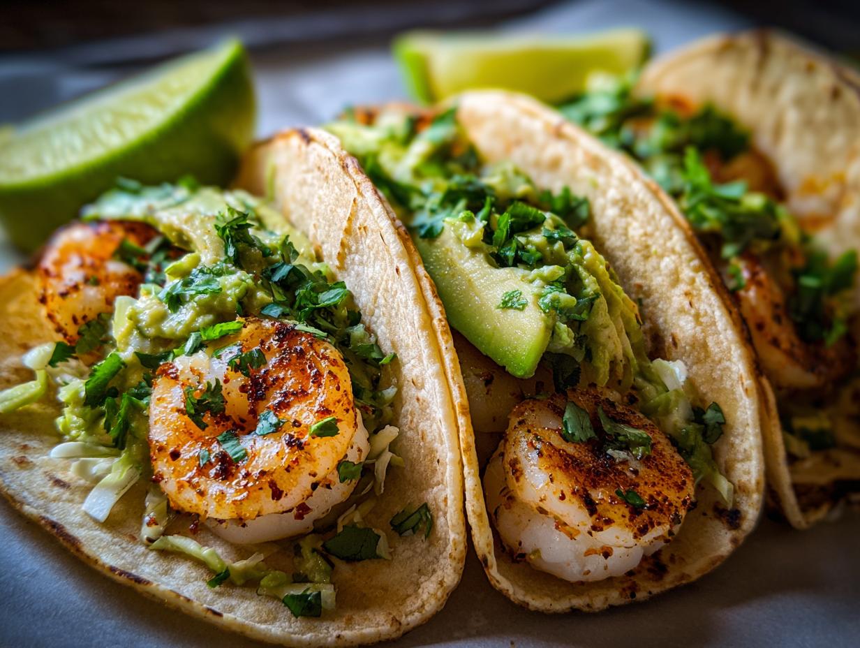 Close-up of two delicious shrimp taco shells filled with seasoned shrimp, avocado mash, and cilantro.