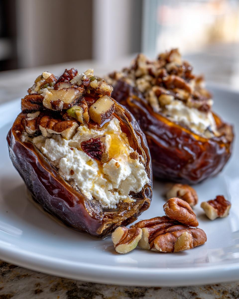 Two delicious stuffed dates filled with creamy cheese, topped with chopped pecans and drizzled with honey.