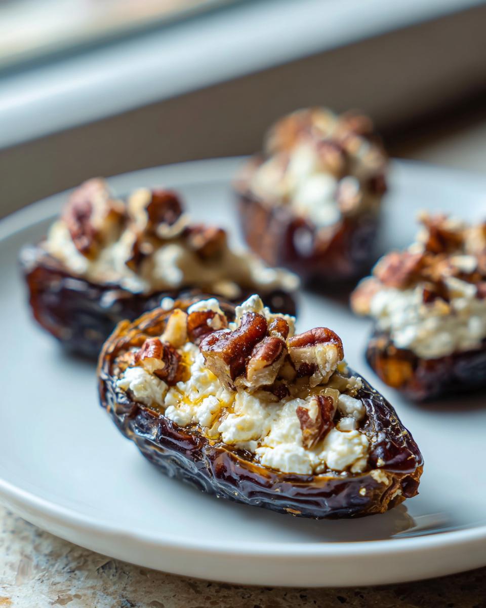 Close-up of sweet stuffed dates filled with creamy cheese and topped with chopped pecans, highlighting the texture of the stuffed dates.