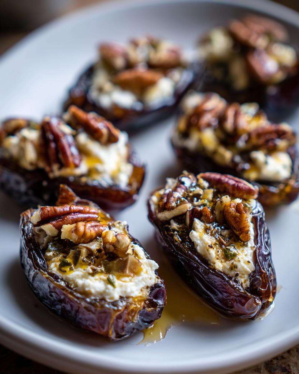 Close-up of several delicious stuffed dates filled with cream cheese, topped with pecans and drizzled with honey.