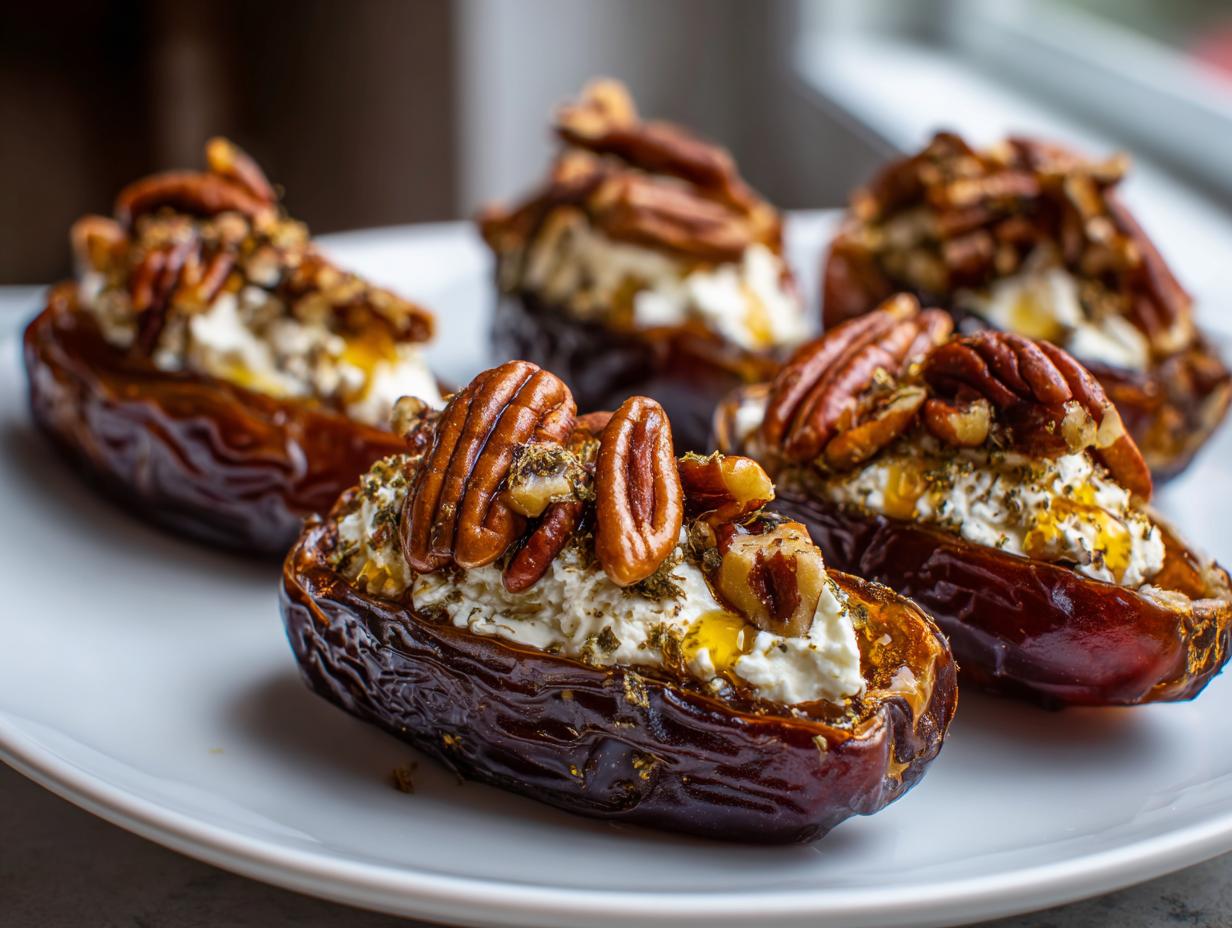 Four delicious stuffed dates filled with creamy cheese, drizzled with honey, and topped with pecans.