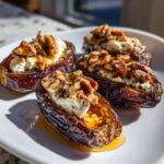 Four sweet stuffed dates filled with creamy cheese, topped with walnuts and drizzled with honey.