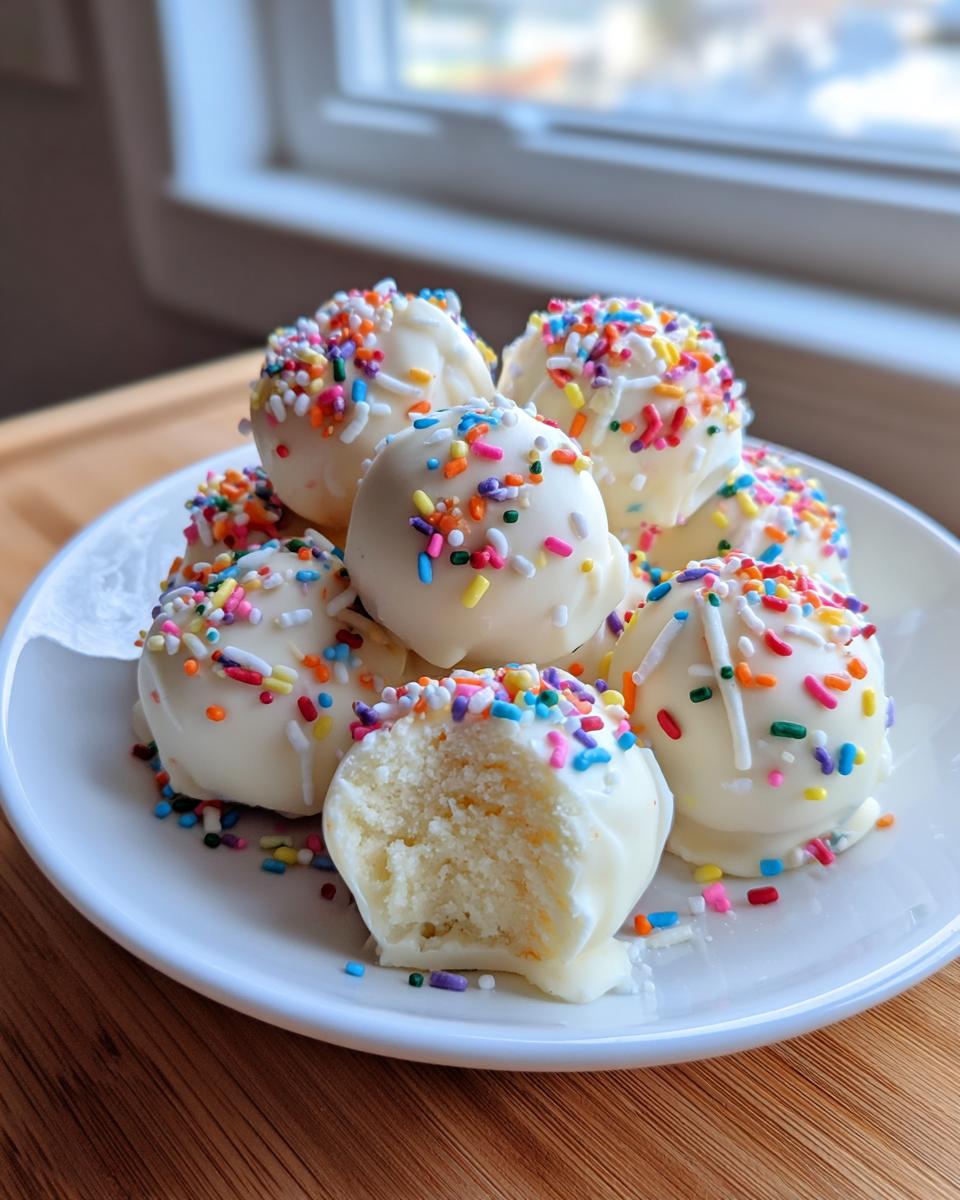 A pile of white chocolate-coated sugar cookie truffles topped with rainbow sprinkles, one is bitten into.