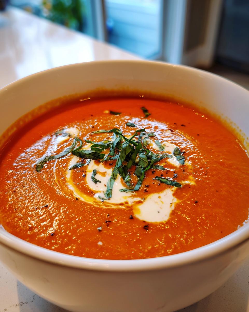 Close-up of a creamy, vibrant orange tomato bisque in a white bowl, topped with cream swirl and fresh basil.