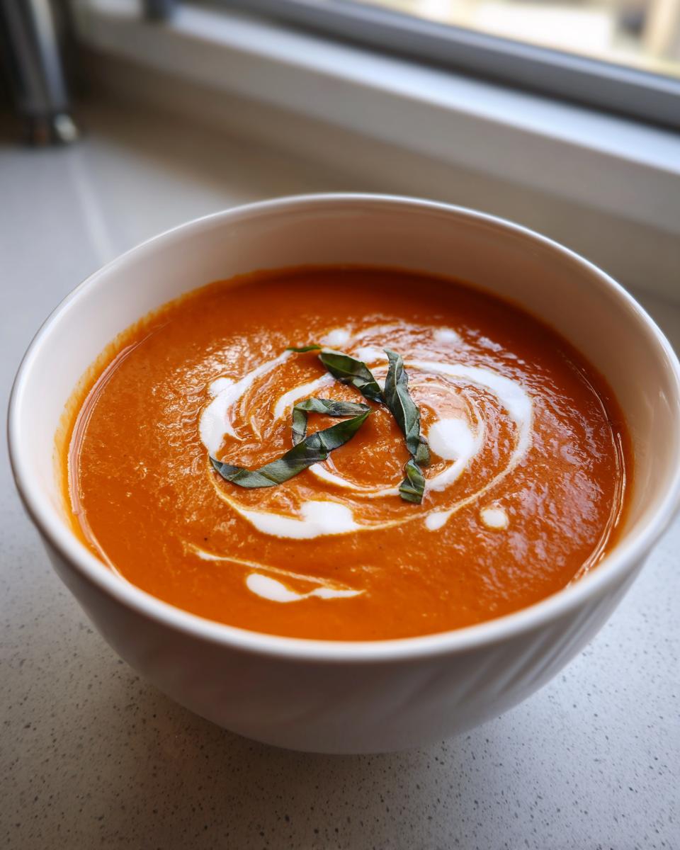 A close-up of a white bowl filled with rich, orange tomato bisque, garnished with a swirl of cream and fresh basil leaves.