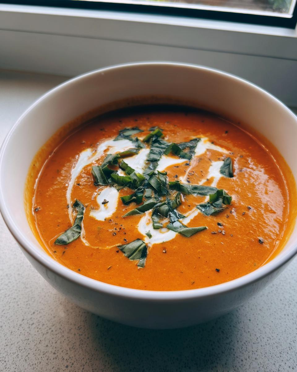 A close-up of a bowl of rich, orange tomato bisque topped with a swirl of cream and fresh basil.