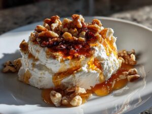 A mound of creamy whipped ricotta dip drizzled with honey and topped generously with toasted walnuts.
