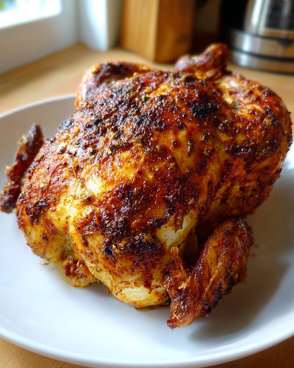 A perfectly roasted whole chicken with deeply browned, seasoned, and crispy skin resting on a white plate.