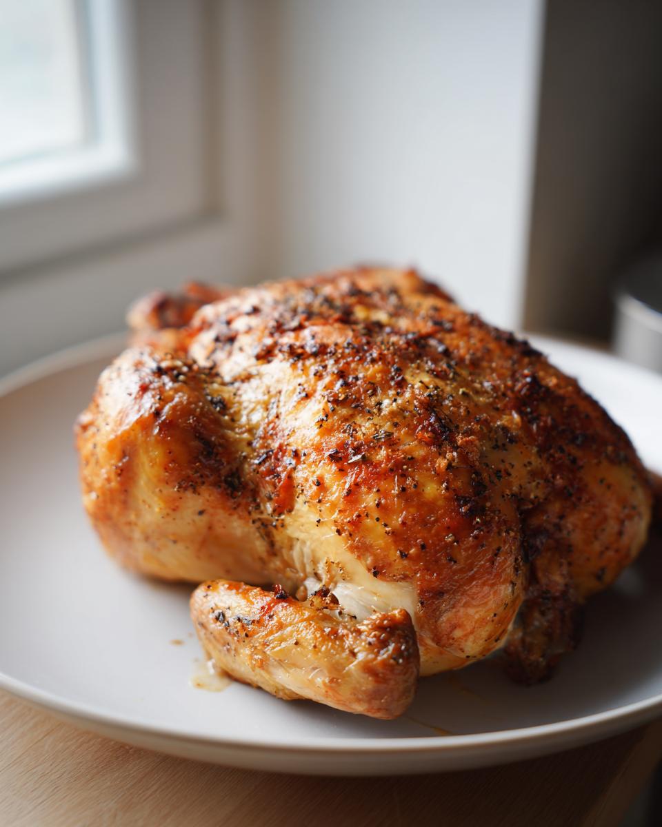 A beautifully roasted whole chicken with golden, seasoned, crispy skin resting on a light gray plate.